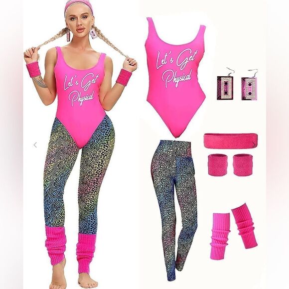 MIAIULIA 80s Workout Outfit Accessories Set Leopard Neon Leggings Headband XL - Picture 1 of 10